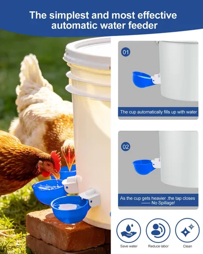 Vista 3 de Vasos para beber pollo (paquete de 8) con broca de 3/8 pulgadas, color azul Automatic Poultry Drinker Feeder Kit for Chickens, Ducks, Turkeys