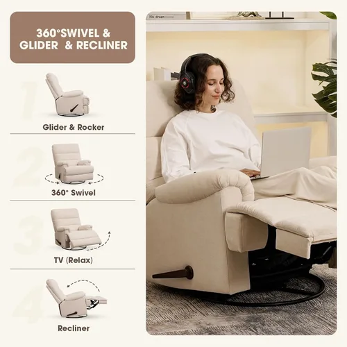 Vista 8 de Mecedora Divanus, grande, estilo balancín, reclinable, beige, giratoria, silla reclinable con respaldo alto, para cuarto de bebé o sala de estar