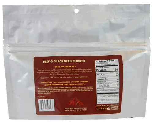 Vista 2 de Trailtopia Burrito de carne y frijoles negros, cena de senderismo liofilizada, sabor delicioso, preparación rápida y fácil, ligera, perfecta