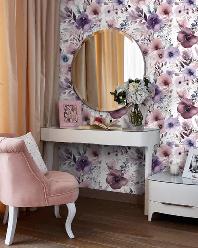 Vista 2 de HAOKHOME Papel tapiz floral para despegar y pegar, papel de pared extraíble, papel de vinilo color malva/púrpura/blanco para pegar en la pared