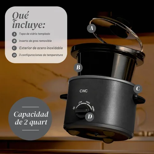 Vista 2 de COOK WITH COLOR 2QT Mini Olla de cocción lenta eléctrica redonda - Configuraciones ajustables, olla de gres extraíble, tapa de vidrio templado, apta