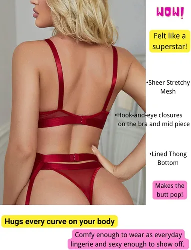 Vista 3 de Lenceria con liguero para mujer, conjunto de encaje traslúcido y sexy de 4piezas