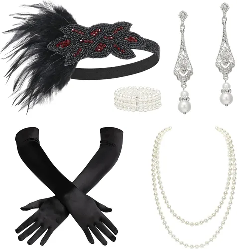 Vista 12 de BABEYOND - Accesorios estilo 1920s, Set de accesorios para disfraz Gatsby de los años 20s, diadema Flapper, collar de perlas, guantes, soporte