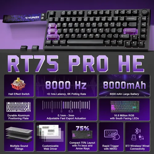 Vista 2 de YUNZII RT75 PRO Wireless Gaming Keyboard,Hall Effect Mechanical Rapid Trigger Magnetic Keyboard BluetoothUSB-C2.4G 8KHz Polling Rate &128K Scan,RGB