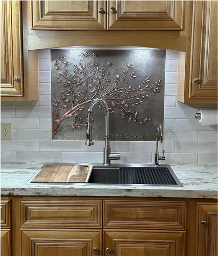 Vista 5 de Azulejos de salpicaduras de cocina de cobre hechos a mano, ramas de árbol con hojas para salpicaduras de cocina, panel decorativo de salpicaduras