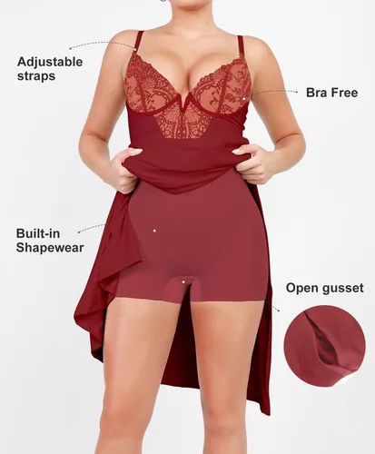Vista 2 de Popilush Maxi vestidos para mujer, cuello en V profundo, faja moldeadora de encaje de satén con abertura alta, vestido de cóctel, fiesta para salir