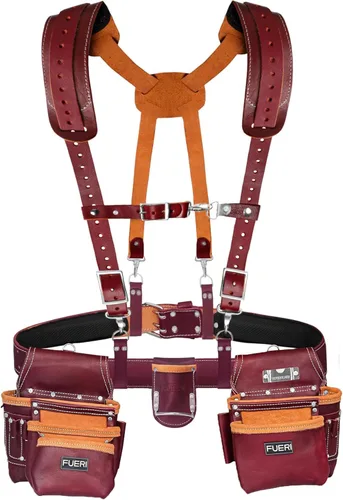 Vista 7 de FUERI Cinturón de herramientas de cuero con tirantes, bolsas de servicio pesado, bolsas para herramientas para hombres, carpinteros, construcción