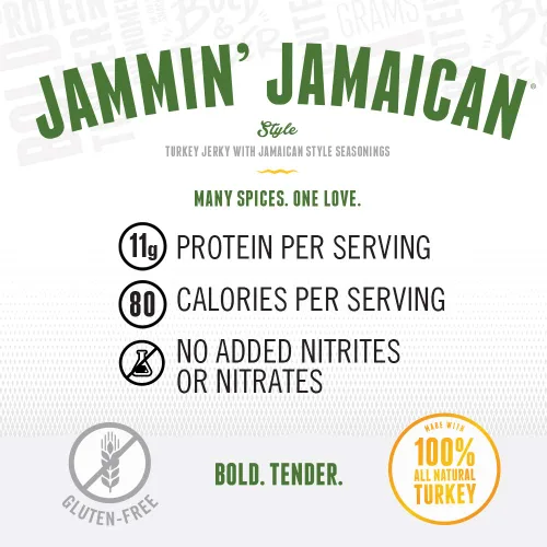 Vista 6 de Perky Jerky Jammin' Jamaican Turkey Jerky, 14oz – Bajo en sodio – 11g de proteína por porción – Bajo en grasa – 100% de origen estadounidense