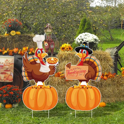 Vista 6 de Letreros Grandes de Patio para Acción de Gracias 2 piezas con Estacas Decoraciones de Feliz Acción de Gracias Exterior Pavo Calabazas Cosecha Jardín