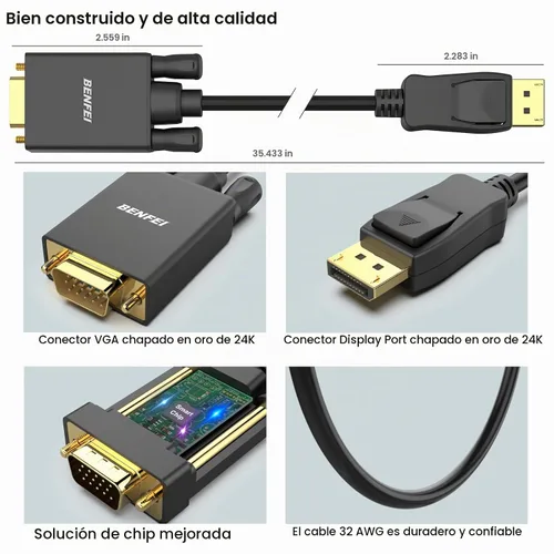 Vista 6 de Adaptador de DisplayPort a VGA, Benfei DP DisplayPort a VGA, cable de 6 pies, macho a macho chapado en oro compatible con Lenovo, Dell, HP, ASUS