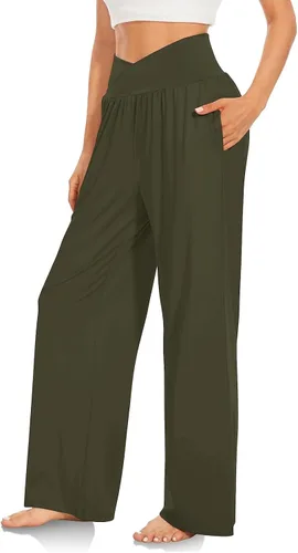 Vista 2 de Pantalones de yoga de pierna ancha con bolsillos para mujer, pantalones deportivos de cintura alta cruzados, holgados, cómodos, holgados, pantalones