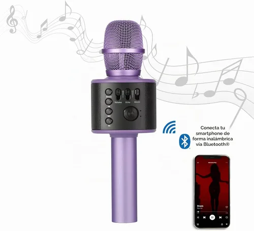 Vista 6 de Micrófono de karaoke inalámbrico Bluetooth con altavoces incorporados + grabación HD, micrófono portátil de mano Lila