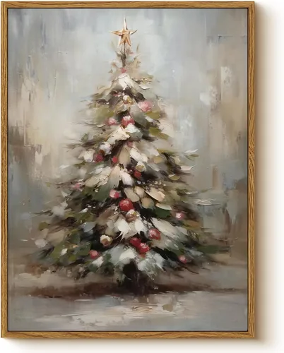 Vista 10 de Arte de pared con trineo, árbol navideño y cajas de regalo, 12 x 16 pulgadas, lienzo enmarcado de Navidad, cuadro rústico festivo, obra de arte