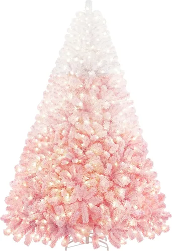 Vista 12 de Yaheetech - Árbol artificial de Navidad preiluminado de 9 pies con luces incandescentes de color blanco cálido, árbol de Navidad con flecos de Verde