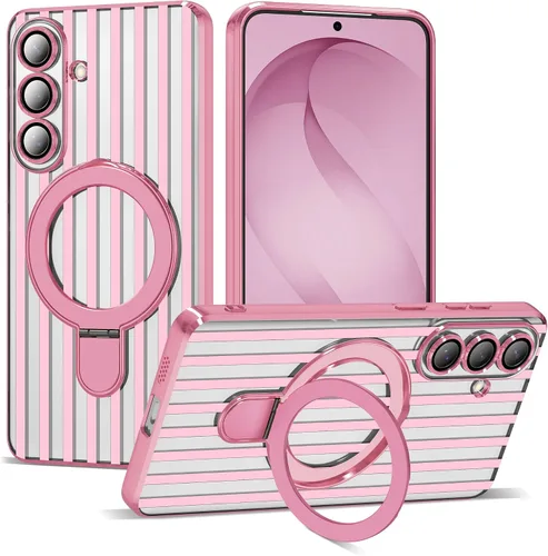 Vista 45 de Funda compatible con Samsung Galaxy S24 Plus con soporte de anillo magnético [compatible con Mag-Safe] protector de lente de cámara chapado Dorado