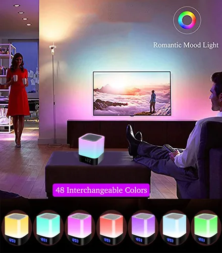 Vista 5 de Altavoz Bluetooth con luces nocturnas, reloj despertador inalámbrico Bluetooth, lámpara de noche con sensor táctil, luces nocturnas que cambian