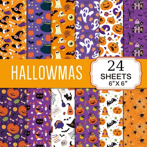 Vista 11 de Papel para álbum de recortes de Halloween, 24 hojas de 6 x 6 pulgadas, diseño de calabaza, araña, fantasma, murciélago, papel para hacer tarjetas