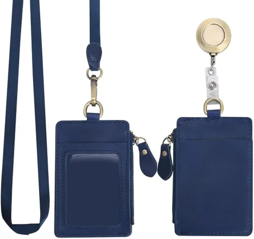 Vista 13 de Wonderpool Soporte de cuero para tarjetas de identificación con bolsillo con cremallera, ranuras para tarjetas, cordón desmontable para el cuello