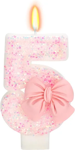 Vista 12 de Vela de cumpleaños para pastel, vela 0 - purpurina rosa con lazo, vela de feliz cumpleaños de 2.76 pulgadas, adorno superior de pastel para fiestas