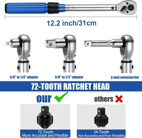 Vista 4 de BULLTOOLS Llave dinamométrica de 3/8 pulgadas con clic de accionamiento, juego de llaves dinamométricas de 72 dientes de dirección dual. Llave