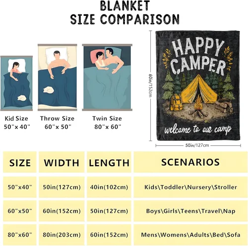 Vista 3 de Manta de franela suave y acogedora con diseño de campista Happy Campfire y Forest Tent Impreso Fondo negro para amantes del aire libre, dormitorio