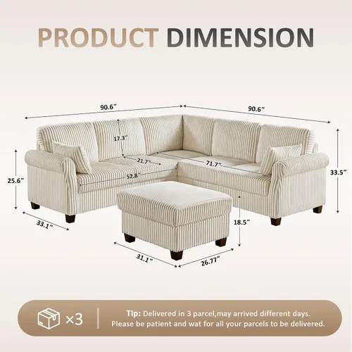 Vista 2 de Sofá modular modular en forma de V de 90.6 pulgadas con otomana de almacenamiento, sofá esquinero de pana de 6 asientos con asiento profundo