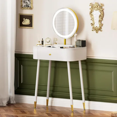 Vista 10 de WinZo Mesa de tocador de 24" con espejo y luces, pequeña mesa de tocador de maquillaje con 1 cajón de almacenamiento, elegante mesa de tocador