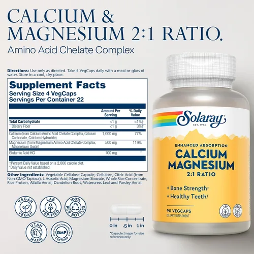 Vista 2 de SOLARAY Suplemento de calcio y magnesio, suplementos de magnesio y calcio para mujeres y hombres, relación 2:1, salud y fuerza ósea, vegano, alta