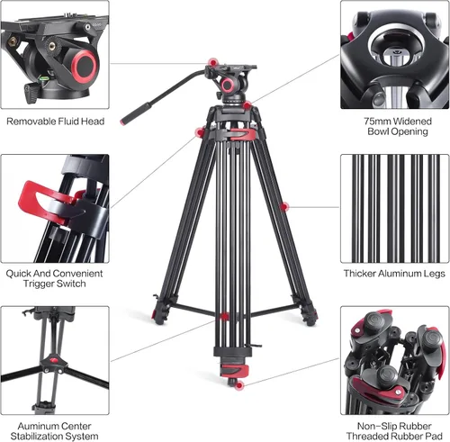 Vista 2 de miliboo Trípode para cámara de video, trípode resistente con cabezal fluido, altura máxima de trabajo 76.4 pulgadas, trípode de fotografía de gran