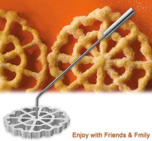 Vista 5 de Molde para Bunuelos con mango, juego de hierro timbal de roseta, moldes de aluminio para gofres con mango, anillo de pastel de embudo, Molde