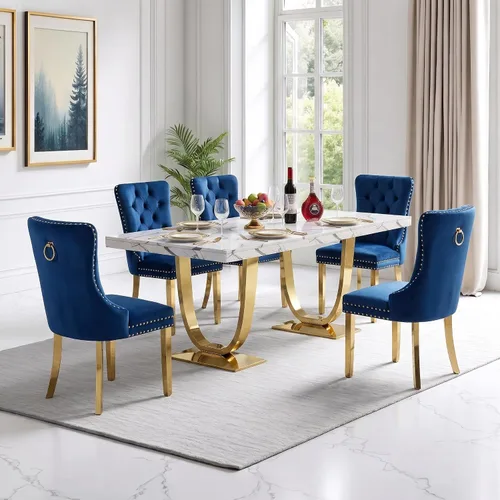 Vista 12 de Henf Mesa de comedor rectangular de mármol sintético blanco de 70 pulgadas Blanco & Oro
