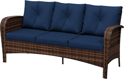 Vista 6 de Sofá de 3 asientos para patio de 73 pulgadas, sofá de mimbre de mimbre, asiento profundo con marco de acero, muebles de conversación al aire libre