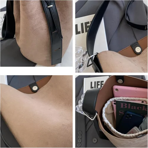Vista 5 de Bolso de cubo vintage de gamuza marrón - Bolso de mano de tendencia otoñal con bolsa desmontable, bolso de hombro para mujer y bolso de trabajo