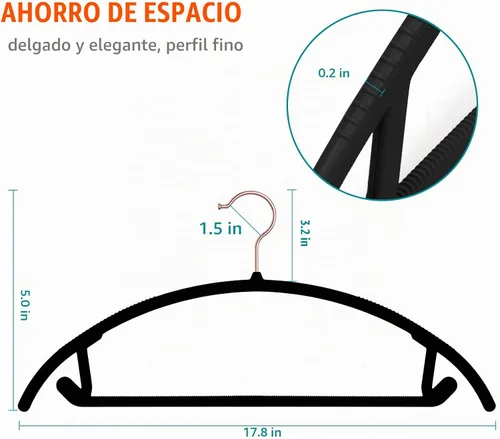 Vista 2 de OIKA Paquete de 50 perchas sin golpes de hombro, perchas de armario abrazables que ahorran espacio con ganchos giratorios de 360°, resistentes Negro