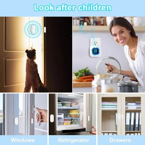 Vista 5 de SURFOU Timbre inalámbrico con sensor de puerta, alerta de apertura de puerta impermeable con rango de 1000 pies, 55 tonos de llamada, alarma de 110