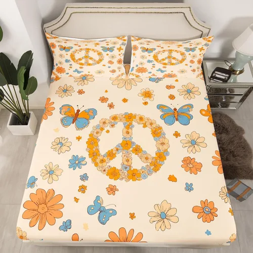 Vista 2 de Erosebridal Groovy - Juego de sábanas para decoración de fiesta para niñas y mujeres, diseño de signo de paz, tamaño individual, sábanas de mariposa