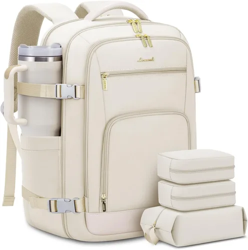Vista 33 de LOVEVOOK Mochila de viaje para mujer y hombre, Beige, Mochilas de viaje