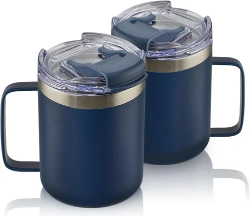 Vista 17 de Taza de café aislada de 12 onzas con asa, taza de café de viaje de acero inoxidable con tapa abatible, vaso de café de doble pared con aislamiento