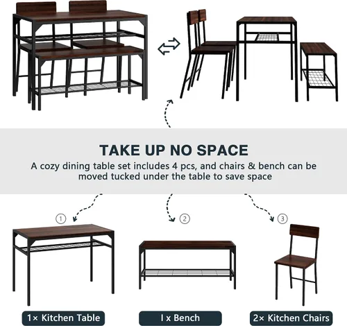 Vista 5 de SUNLEI Mesa de comedor para 4 personas con 2 sillas y un banco de almacenamiento, juego de mesa de cocina pequeño con estante para vino, escritorio