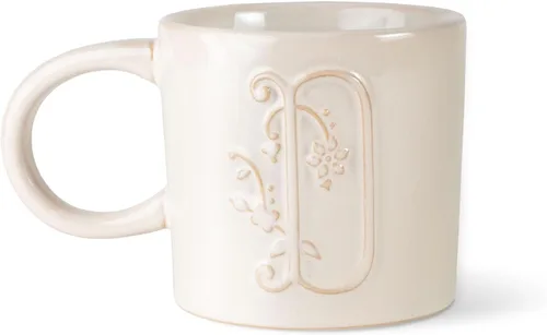 Vista 15 de Fringe Studio Taza Redonda de Gres, Monograma Floral Letra "E" 3.38" DIA. X 3.5"H, 14 fl.oz., con Asa Dorada Pintada a Mano (428047)