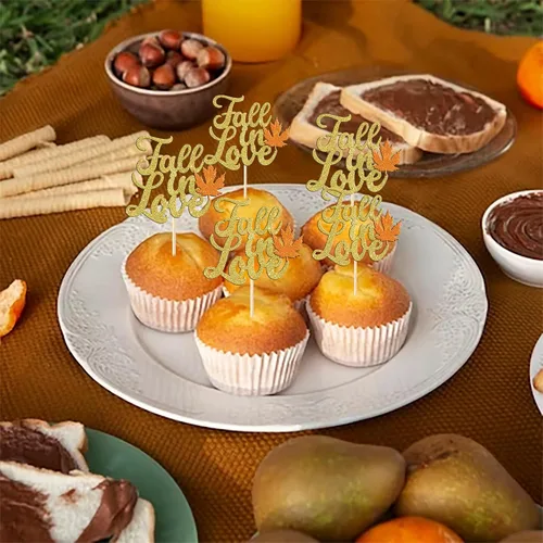 Vista 5 de Rsstarxi Paquete de 24 adornos para cupcakes con hojas de otoño, día de Acción de Gracias, palillos de dientes, despedida de soltera, decoración