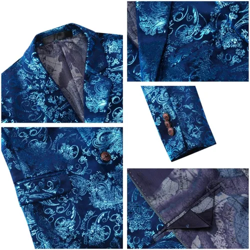Vista 6 de SWOTGdoby Traje formal Tuexdo dorado Jacquard Slim Fit 2 piezas traje conjunto chaqueta pantalones para boda fiesta de graduación