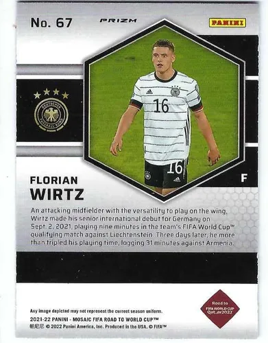 Vista 2 de FLORIAN WIRTZ 2021-22 Panini Mosaic Road to FIFA World Cup Qatar 2022 Soccer #67 MOSAIC PRIZM PARALEL Card Alemania Bayer 04 Leverkusen