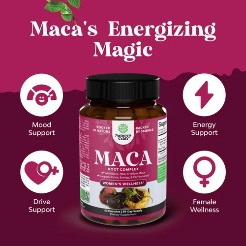 Vista 3 de Cápsulas de raíz de maca para mujeres, potente suplemento herbario con mezcla mejorada femenina de raíz de maca roja, amarilla y negra, certificado