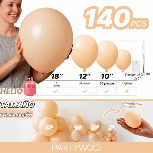 Vista 6 de PartyWoo - Globos nude de 140 piezas en diferentes tamaños de 18, 12, 10, 5 pulgadas, kit de arco de globos de color neutro y melocotón estilo boho