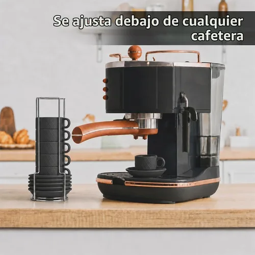 Vista 5 de MIAMIO - 6 tazas de café expreso de gres de 2.5 onzas, juego moderno de tazas con soporte y platillos - Colección Palmanova (negro) Ceramic