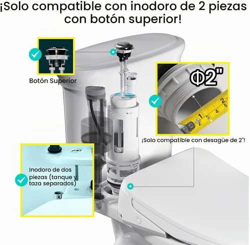 Vista 2 de R&T Kit de repuesto de válvula de descarga de inodoro de 2 pulgadas con botón pulsador, junta de tanque a tazón con pernos SUS304, kit de reparación