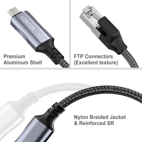 Vista 5 de Cable USB C a Ethernet, cable LAN tipo C a RJ45, para MacBook Pro/Air, iPad Pro, iPhone 15 Series, Galaxy, Smartphone, Laptop, PC (6 pies)