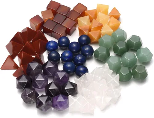 Vista 4 de Top Plaza Kit de 7 cristales curativos de chakras, geometría sagrada, cristales sólidos platónicos, juego de piedras pulidas de Reiki, decoración