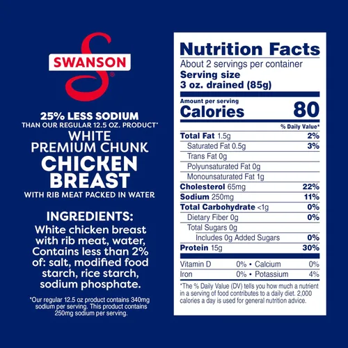 Vista 2 de Swanson 25% menos sodio, pechuga de pollo premium en agua enlatada en trozos blancos, lata de 12.5 OZ